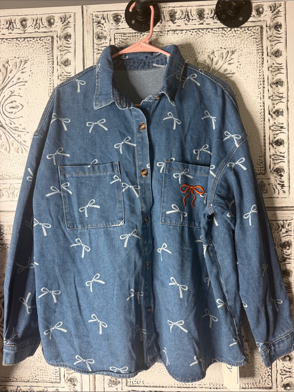 Denim Bow Long Sleeve Button Down shirt